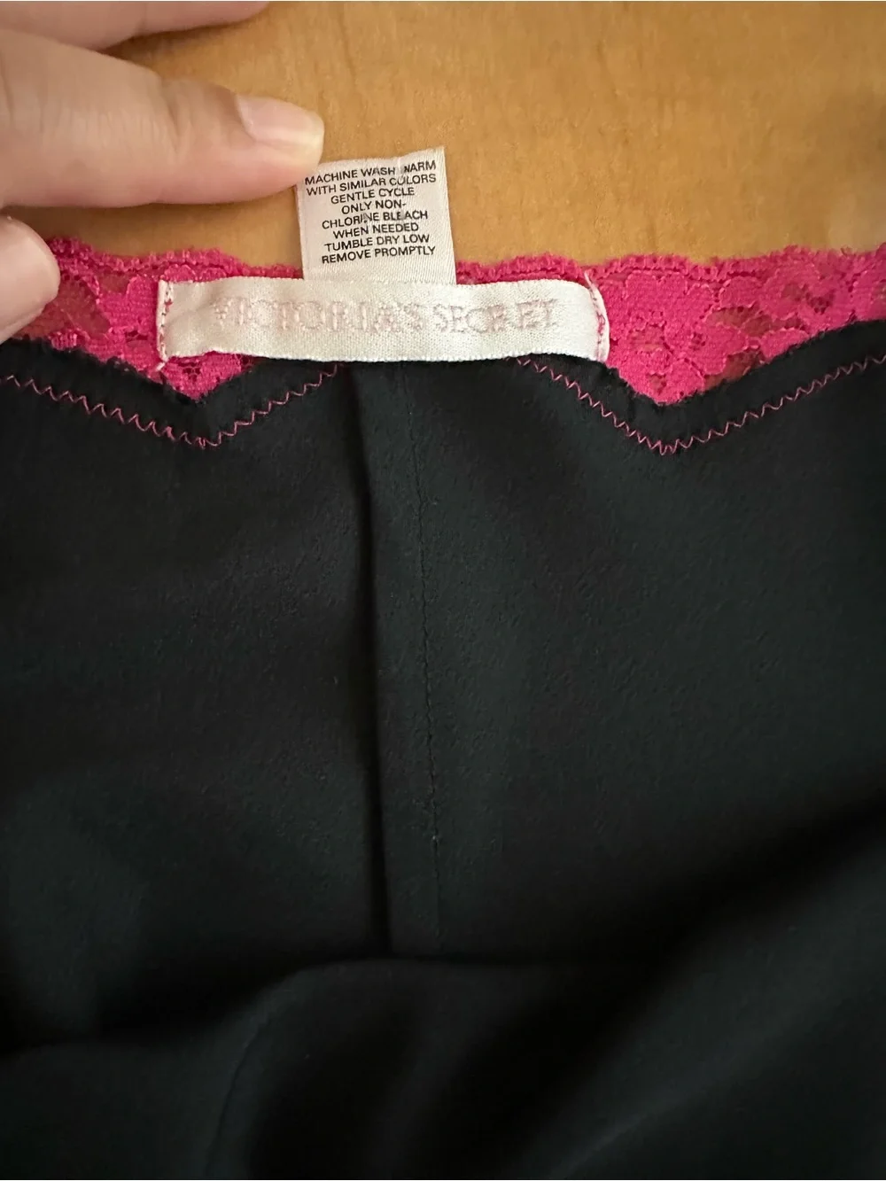 Vtg Y2K Victoria's Secret Black Satin & Hot Pink Lace Slit Slip Dress June 2004